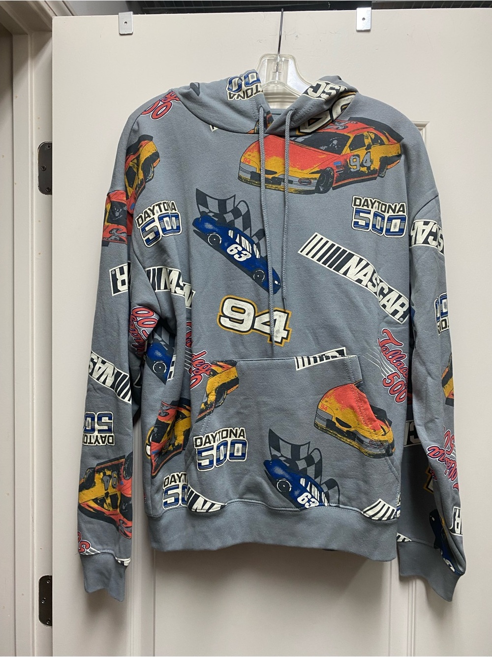 Nascar Gray Pullover Hoodie with Multicolor Race Car Graphics